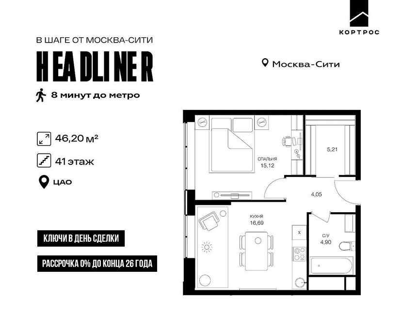 2-к. квартира, 46,2 м², 41/51 эт.