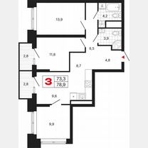 3-к. квартира, 78,9 м², 24/29 эт.